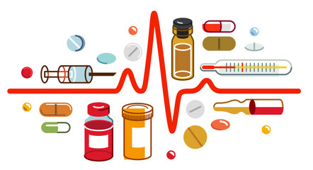 Heartbeat cardiology theme medical drugs and different medicine composition, vector flat style illustration isolated over white, ECG with a lot of elements, can be used separately, big set. - 784704395