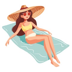 Young woman in swimsuit and hat sunbathing on the beach. Vector illustration.