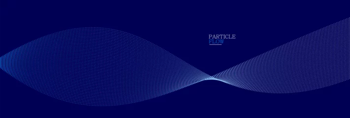 Fotobehang Dark blue abstract background, vector wave of flowing particles, curvy lines of dots in motion, technology and science theme, airy and ease futuristic illustration. © Sylverarts