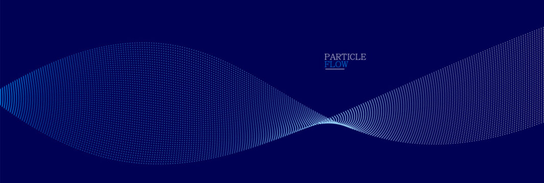 Dark blue abstract background, vector wave of flowing particles, curvy lines of dots in motion, technology and science theme, airy and ease futuristic illustration.