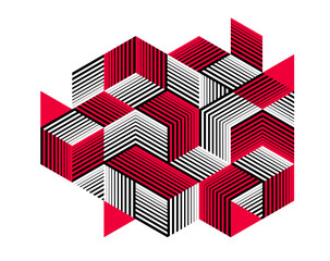 Black and red geometric vector abstract background with cubes and shapes, isometric 3D abstraction art displaying city buildings forms look like, op art optical illusion. - 784704733