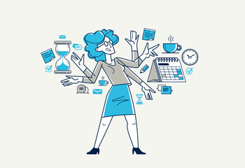 Business worker planning tasks and create time management vector outline illustration, productivity multitask prioritization, deadline and zero hour.