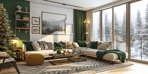 A beautiful apartment interior with a substantial window revealing a breathtaking mountain panorama, infusing the space with peace and natural beauty.