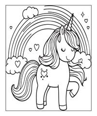 Obraz premium Cute unicorn with rainbow. black and white vector illustration for coloring book, Generative AI