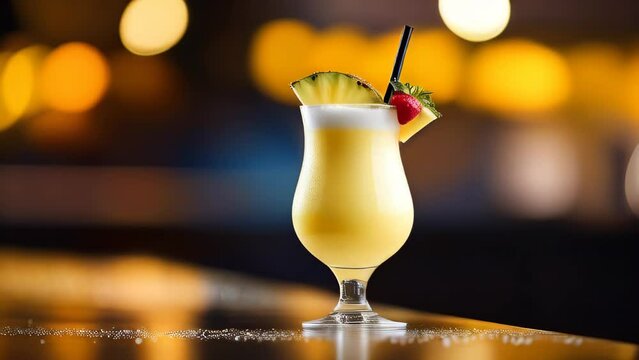 Close up glass of Pina Colada cocktail with pineapple piece and straw on wooden table over bokeh background. Copy space backdrop