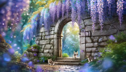 renderização 3d - stone door surrounded with blue wisteria; there's several cute baby kittens playing AI Generated - obrazy, fototapety, plakaty