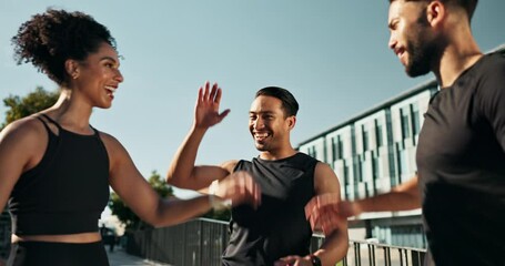 Fitness friends, teamwork and hands together to celebrate outdoors, increasing strength and endurance while training. People, men and woman exercise for health, body positivity and workout for sports