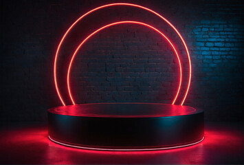 red round podium stage stand cylinder with circle neon light on brick wall with copy space