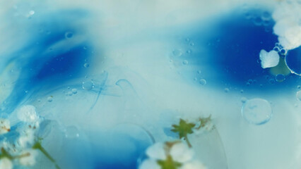 Floral water. Oil bubble. Relaxing spa bath. Defocused blue white color ink organic petal bloom gel...
