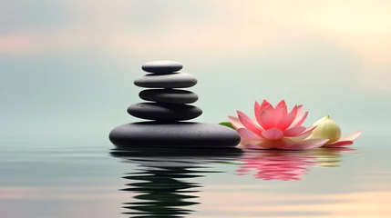 Foto op Plexiglas scène zen, cairn et nénuphar, bien-être , relaxation et spa, généré par IA   © Marvin Dgn