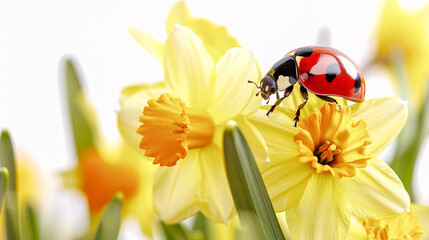 Daffodil and Ladybug Frame Border empty Page white Background Mockup text logo Stamp Branding Digital Art Wallpaper Background Backdrop Greeting card

 - obrazy, fototapety, plakaty