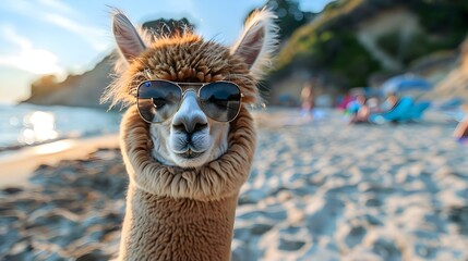 Fototapeta premium Chill Alpaca: Summer Vibes on the Shore. Concept Summer Vibes, Alpaca Fun, Chill Outfits, Beach Scenery, Relaxing Poses