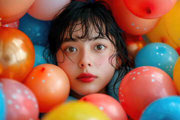 Fototapeta na wymiar A dreamy portrait of a person surrounded by a sea of colorful balloons