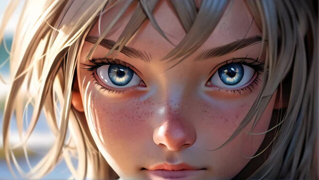Stunning Blue-Eyed Girl Face Digital Portrait. Intricate Details in a Fantasy Illustration. A Vision of Imagined Beauty in Art