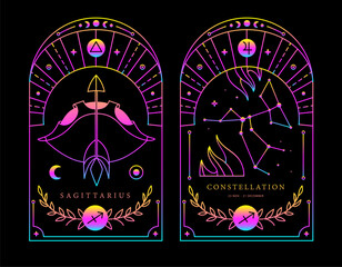 Set of Modern magic fluorescent witchcraft cards with astrology Sagittarius zodiac sign characteristic. Vector illustration