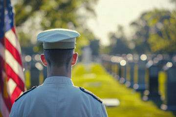 Solemn military officer overlooking rows of graves, with focus on respect and remembrance