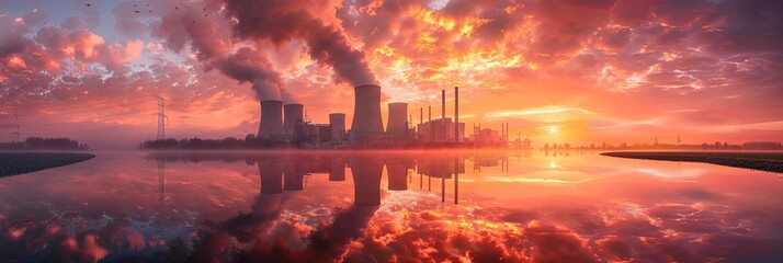 Nuclear power plant after sunset. Dusk landscape with big chimneys.