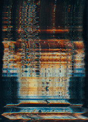 Glitch effect. Digital broken. Orange blue black color distortion rainbow wave fuzzy texture vibration signal interference grunge abstract background.