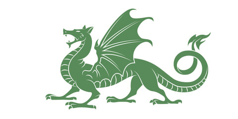 Heraldic winged dragon. Symbol, sign, line, icon, silhouette, tattoo. Green stamp. Isolated vector illustration. New Year 2012, 2024, 2036.