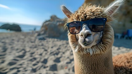 Obraz premium Cool Alpaca's Beach Getaway - Summer Vibes. Concept Alpaca, Beach, Summer, Getaway, Vibes