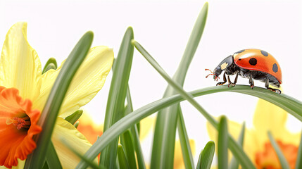 Daffodil and Ladybug Frame Border empty Page white Background Mockup text logo Stamp Branding Digital Art Wallpaper Background Backdrop Greeting card - obrazy, fototapety, plakaty