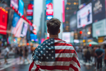 Back view of a man in an American flag on a bustling city street, signifying urban patriotism - obrazy, fototapety, plakaty
