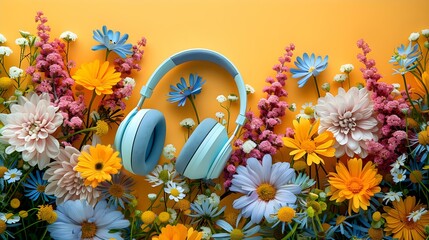 Floral Melodies: A Vibrant April Fools' Day Symphony. Concept April Fools' Day, Vibrant Colors, Floral Arrangements, Melodious Music, Creative Pranks - obrazy, fototapety, plakaty