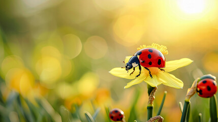 Obraz premium Daffodil and Ladybug Frame Border empty Page white Background Mockup text logo Stamp Branding Digital Art Wallpaper Background Backdrop Greeting card