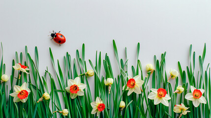 Daffodil and Ladybug Frame Border empty Page white Background Mockup text logo Stamp Branding Digital Art Wallpaper Background Backdrop Greeting card
