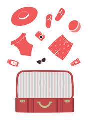 Beach accessories falling into a red suitcase. Red swimsuit, swimming trunks, hat, sunglasses, flip flops, sunscreen, camera. Packing suitcase for summer vacation. Hello Summer. Vector illustration