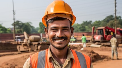 Amidst the construction site, a worker in a helmet stands tall, meeting the camera's gaze with unwavering determination.