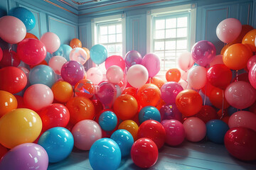 A room transformed into a joyful wonderland by a multitude of colorful balloons
