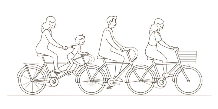 A family of three riding bicycles, with simple lines  on a white background