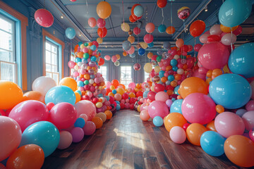 A room transformed into a joyful wonderland by a multitude of colorful balloons