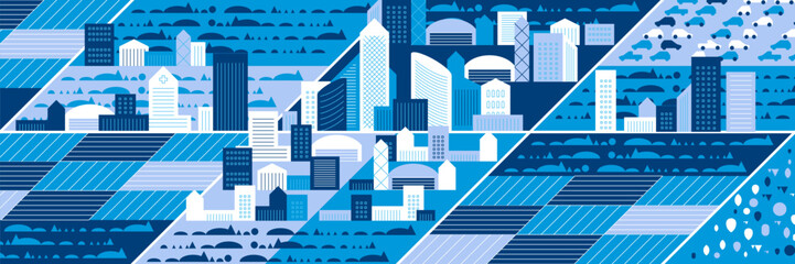 Cityscape panorama. Megapolis city view. Smart city. Urban landscape with many building. Collection of houses, skyscrapers, buildings, supermarkets with streets and traffic. Vector illustration - 784708110