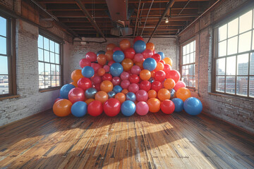 A room transformed into a joyful wonderland by a multitude of colorful balloons - obrazy, fototapety, plakaty