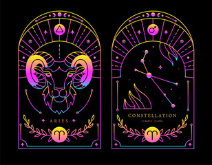 Set of Modern magic fluorescent witchcraft cards with astrology Aries zodiac sign characteristic. Vector illustration - 784708173