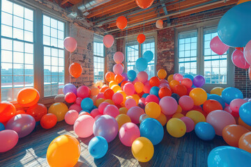 A room transformed into a joyful wonderland by a multitude of colorful balloons - obrazy, fototapety, plakaty