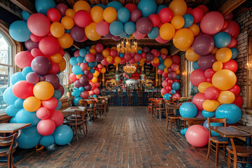 Fototapeta na wymiar A joyful scene with colorful balloons filling the air around the subject