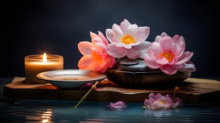 Obraz na płótnie Canvas scène zen, bougies et nénuphar, bien-être, relaxation et spa, généré par IA