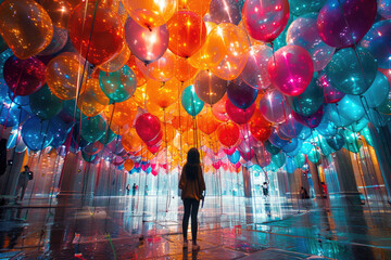 A joyful scene with colorful balloons filling the air around the subject