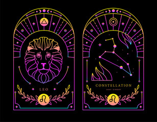 Set of Modern magic fluorescent witchcraft cards with astrology Leo zodiac sign characteristic. Vector illustration - 784708565