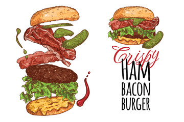Vector line art hand drawn burger with bacon, pickles, lettuce, bacon, bread for menu design of a restaurant or pub. Black line art with typography on a white background.