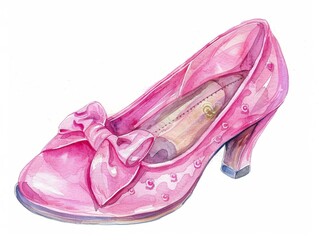 Charming watercolor illustration of a pink princess shoe with bow details 
