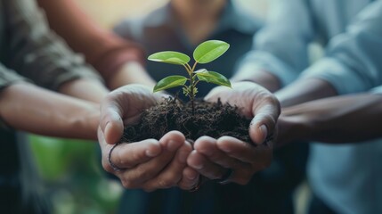 Close-up Plant in hands of business people for teamwork, support or environment Collaborating, growing, and investing in people and the soil for the future. hyper realistic 