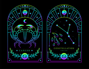 Set of Modern magic fluorescent witchcraft cards with astrology Cancer zodiac sign characteristic. Vector illustration