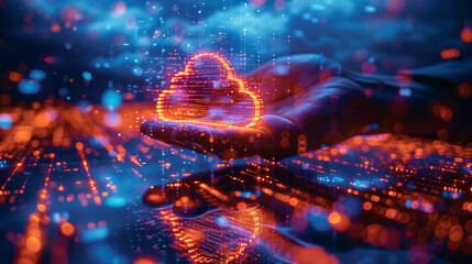 Futuristic depiction of a businessman's hand reaching out to touch cloud computing, amidst a whirlwind of technology icons, symbolizing the pivotal role of IT innovation in reshaping modern businesses