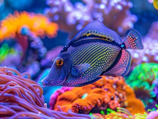 Colorful surgeonfish swimming through vibrant corals in mesmerizing saltwater aquarium display 