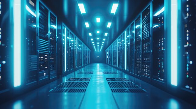 A parallel row of servers, adorned in electric blue, fills a technology-driven data center hallway with a symmetrical display of power and Azure technology. AIG41