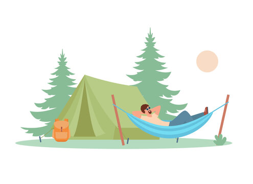 Tourists camping concept. Camper man character relaxing in hammock near touristic tent in forest. Summer vocation vector illustrations isolated on white background.